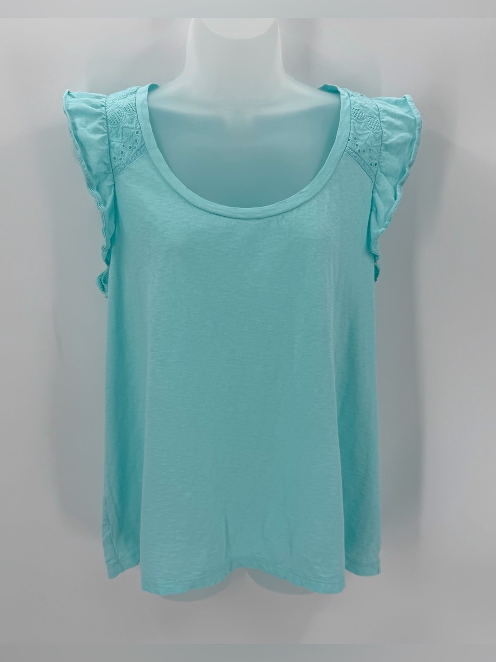 Crown & Ivy Tank Women’s L Aqua Ruffle Sleeve Eyelet Tank Summer Feminine Casual